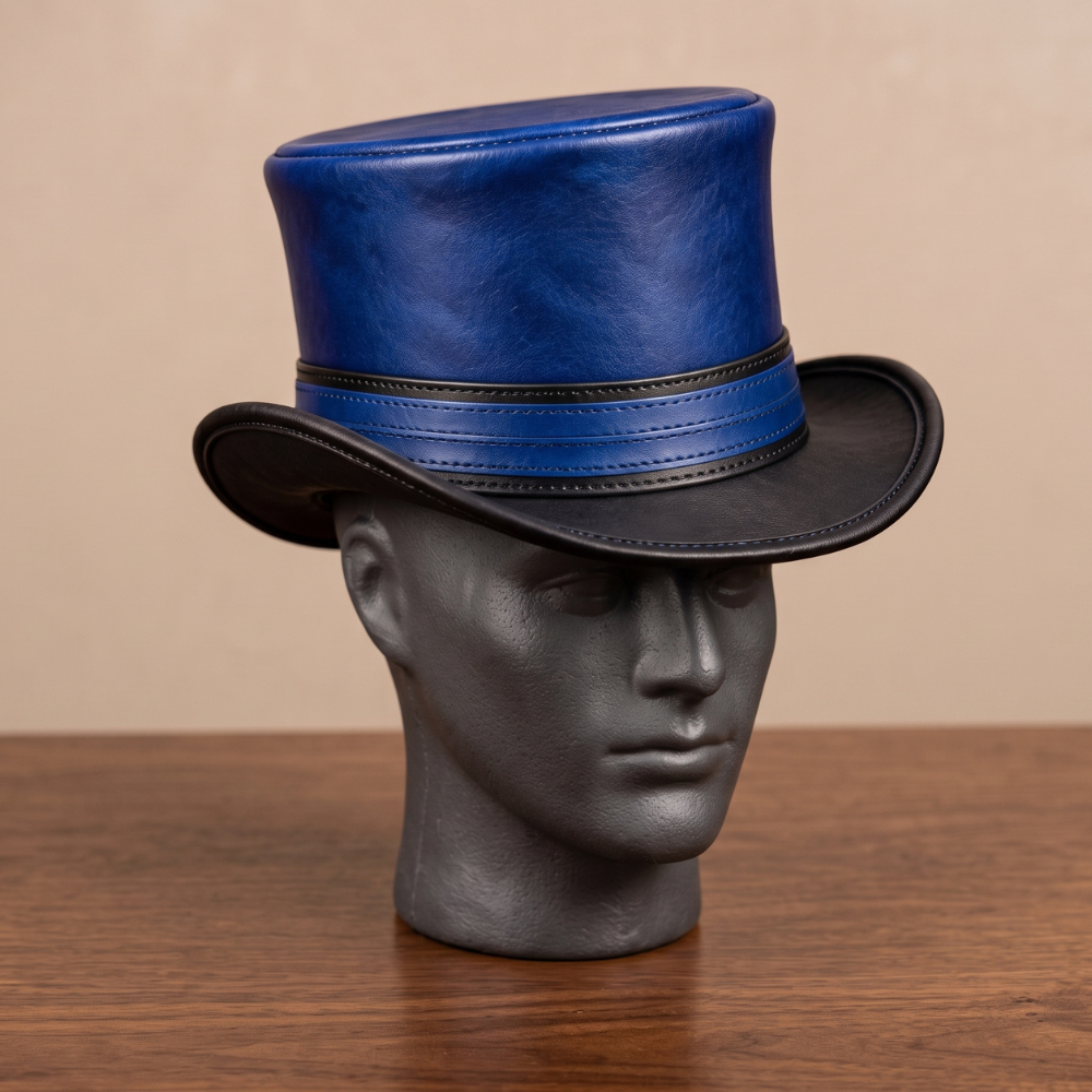 Navy Blue Leather Top Hat – Steampunk Victorian Gothic Cosplay Hat