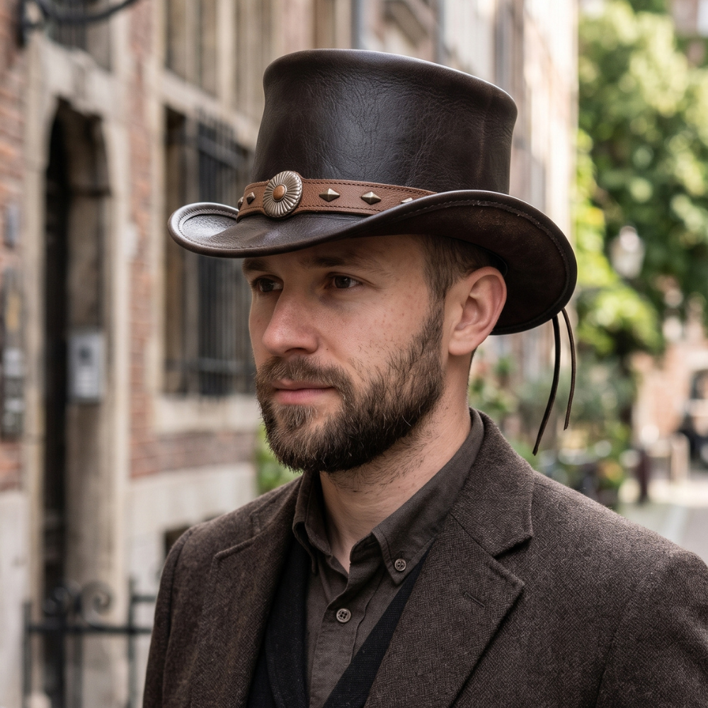 Handmade Black Leather Western Top Hat – Gothic Steampunk Festival Hat