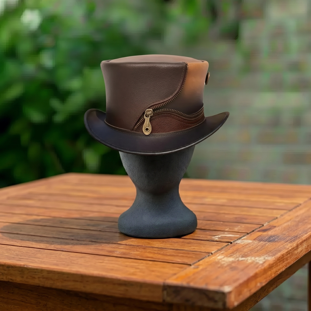 Steampunk Leather Top Hat with Zipper – Gothic Victorian Cosplay Hat