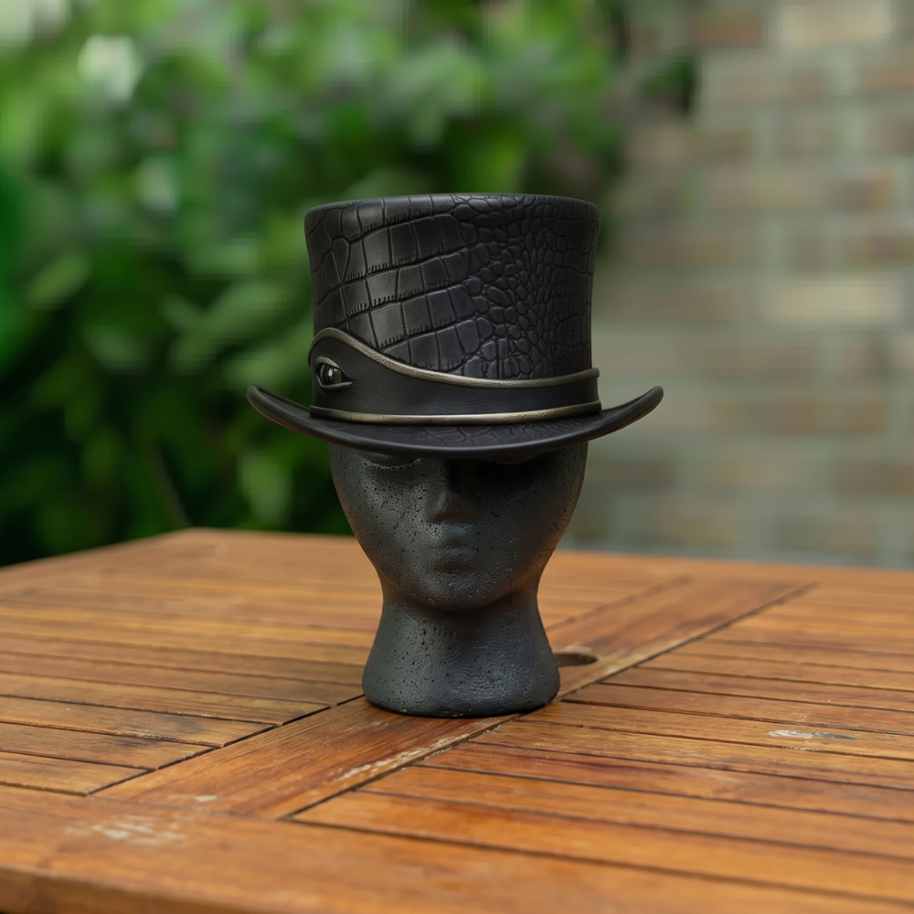 Handmade Black Leather Steampunk Top Hat – Gothic Victorian Festival Hat