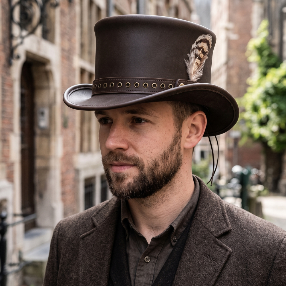 Brown Leather Victorian Top Hat – Steampunk Festival & Costume Hat