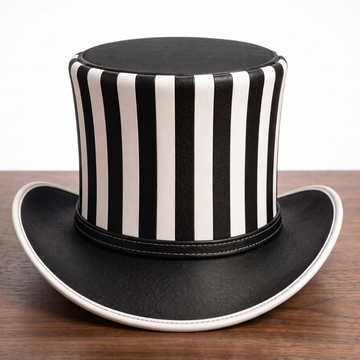 Black and White Striped Leather Top Hat – Gothic Steampunk Ringmaster Hat