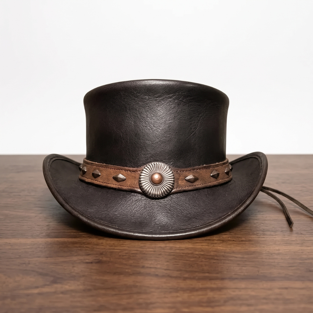Handmade Black Leather Western Top Hat – Gothic Steampunk Festival Hat