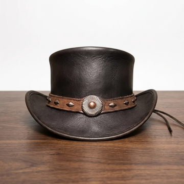 Handmade Black Leather Western Top Hat – Gothic Steampunk Festival Hat