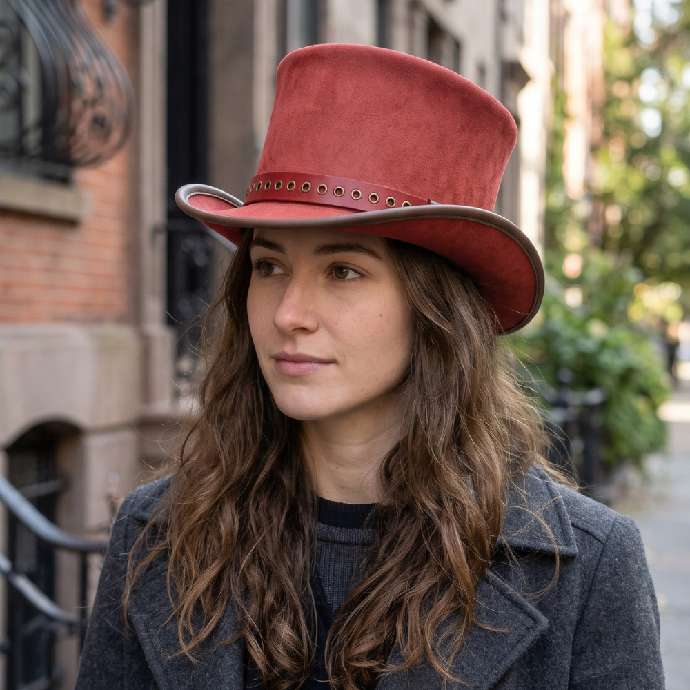 Red Leather Steampunk Top Hat – Victorian Cosplay & Festival Hat