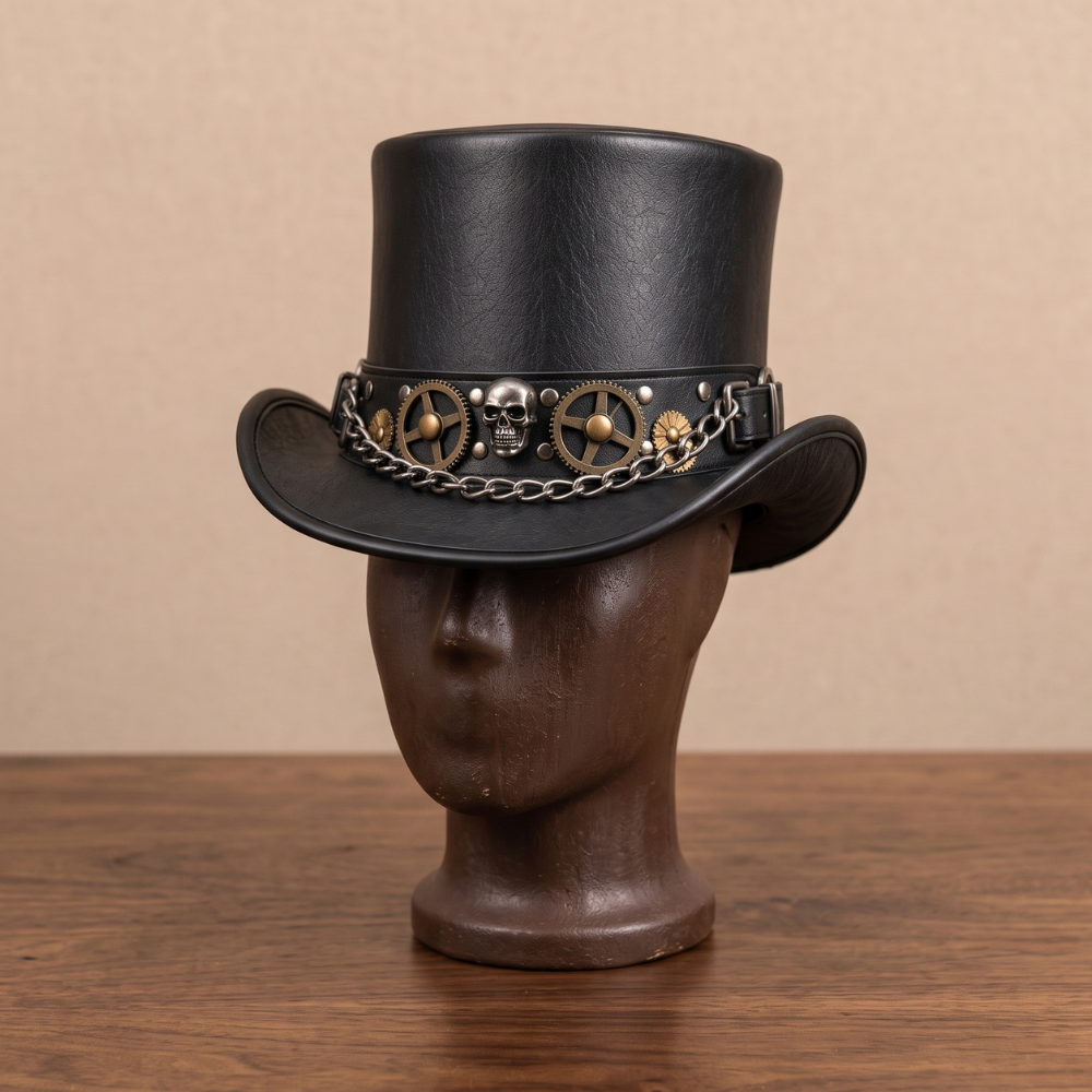 Black Leather Steampunk Top Hat with Skull, Gears & Chain – Gothic Biker Hat
