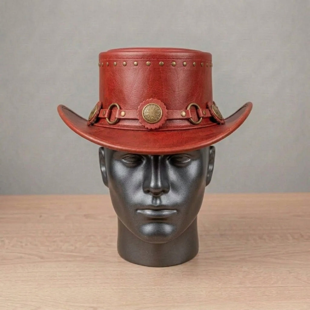 Handmade Red Leather Top Hat – Steampunk Western &amp; Cosplay Hat