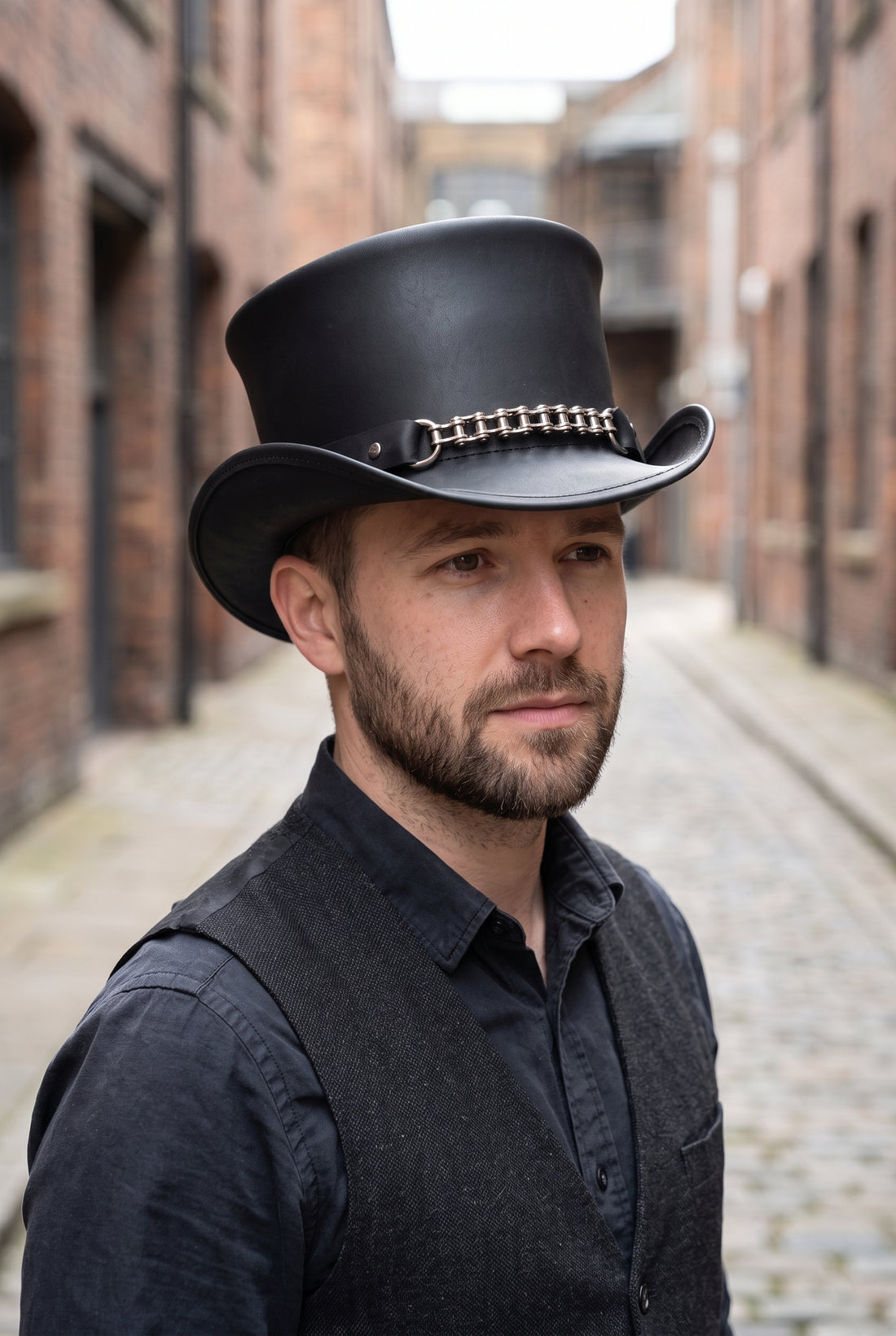 Handmade Black Leather Steampunk Top Hat with Chain – Gothic Biker Cosplay Hat