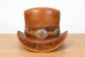 Brown Leather Top Hat with Concho Band – Western Steampunk Victorian Hat