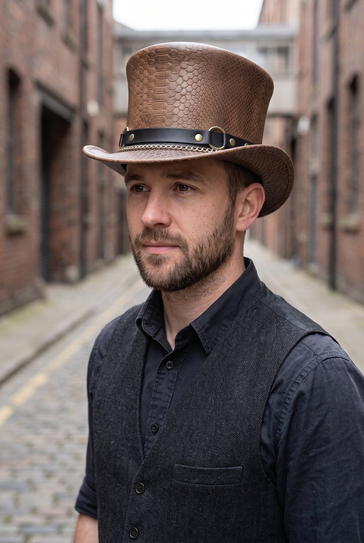 Brown Leather Steampunk Top Hat, Handmade Victorian Hat, Gothic Cosplay Headwear, Vintage Festival Costume Hat