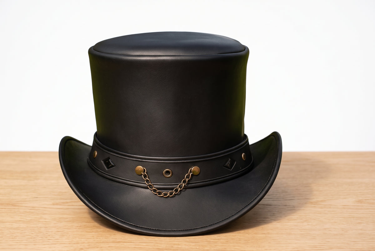 Handmade Steampunk Leather Top Hat with Chain Band – Gothic Victorian Hat