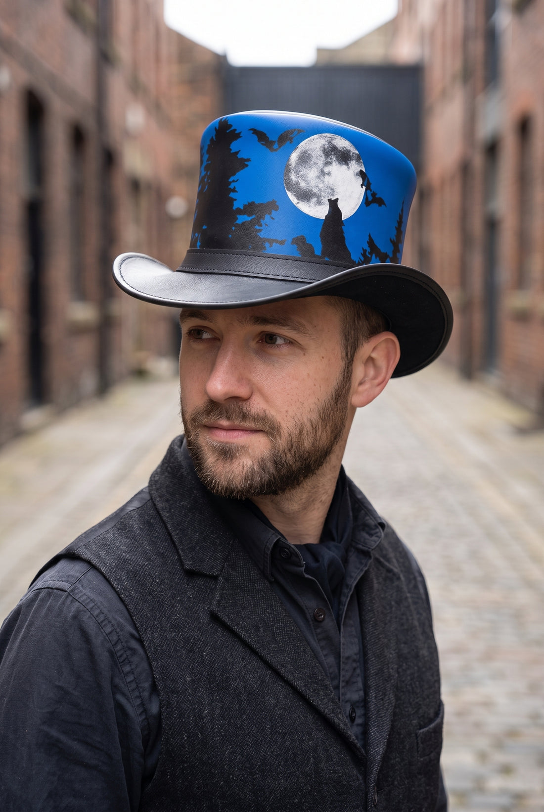 Gothic Steampunk Leather Top Hat – Moon, Forest & Bats Design