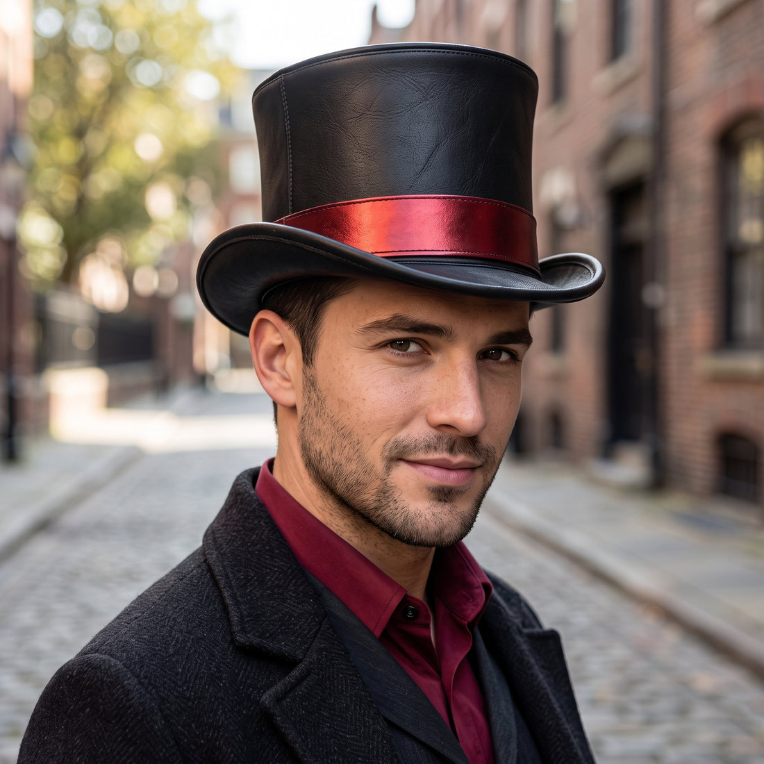 Steampunk Leather Top Hat – Black Gothic Cosplay Hat with Red Accent Band