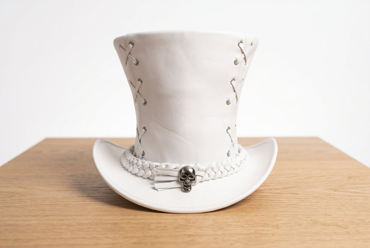 White Leather Steampunk Top Hat with Skull Band, Gothic Victorian Costume Hat