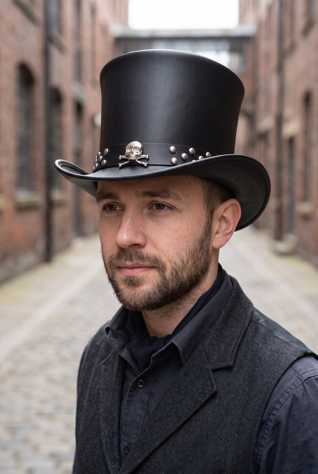 Steampunk Leather Top Hat with Skull Band | Gothic Hat