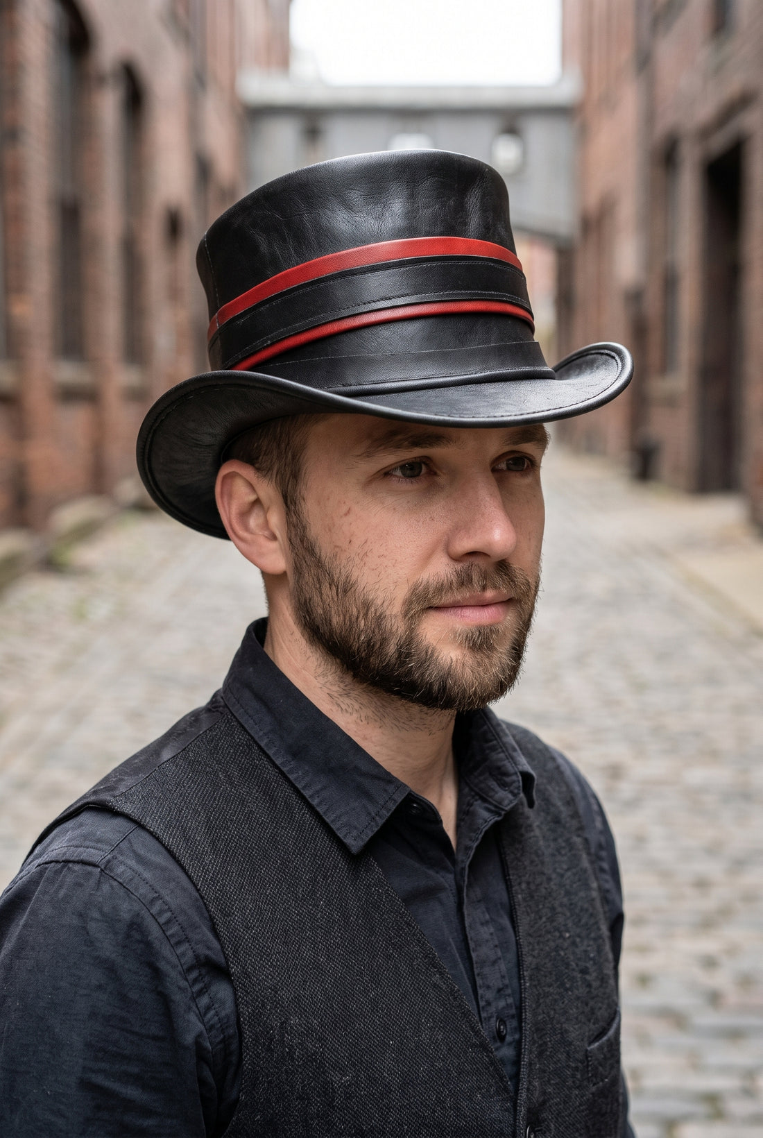 Black Leather Steampunk Top Hat with Red Band – Victorian Gothic Cosplay Hat