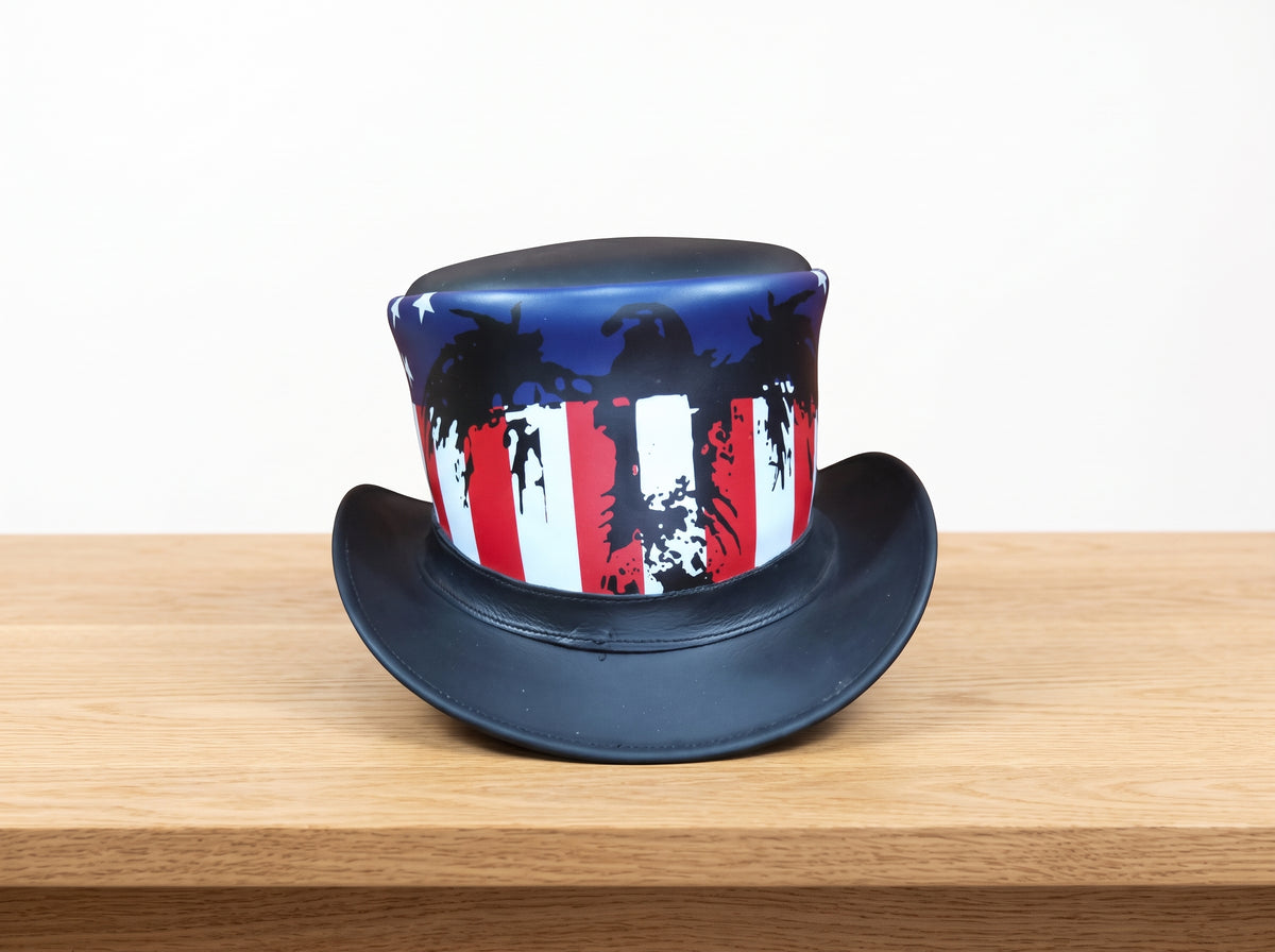 Steampunk Leather Top Hat with American Flag Band – Gothic Cosplay Hat