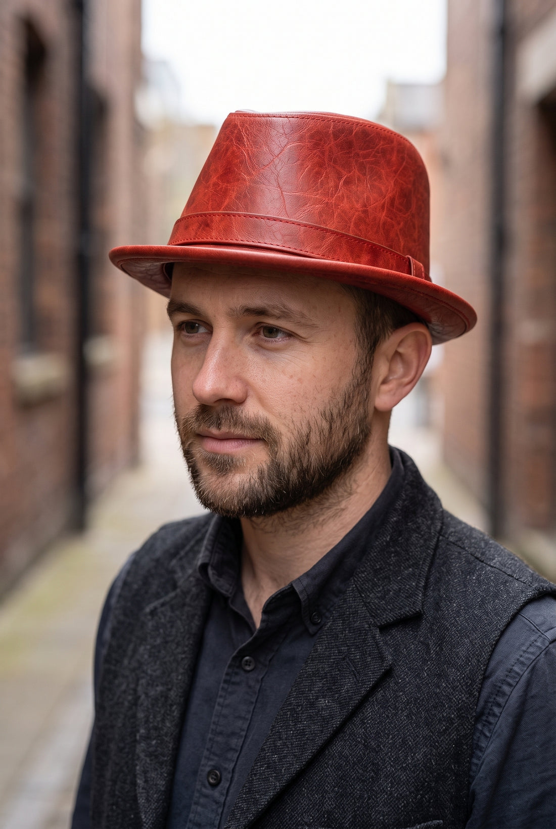 Red Leather Fedora Hat for Men – Vintage Dress Hat, Bold Statement Headwear
