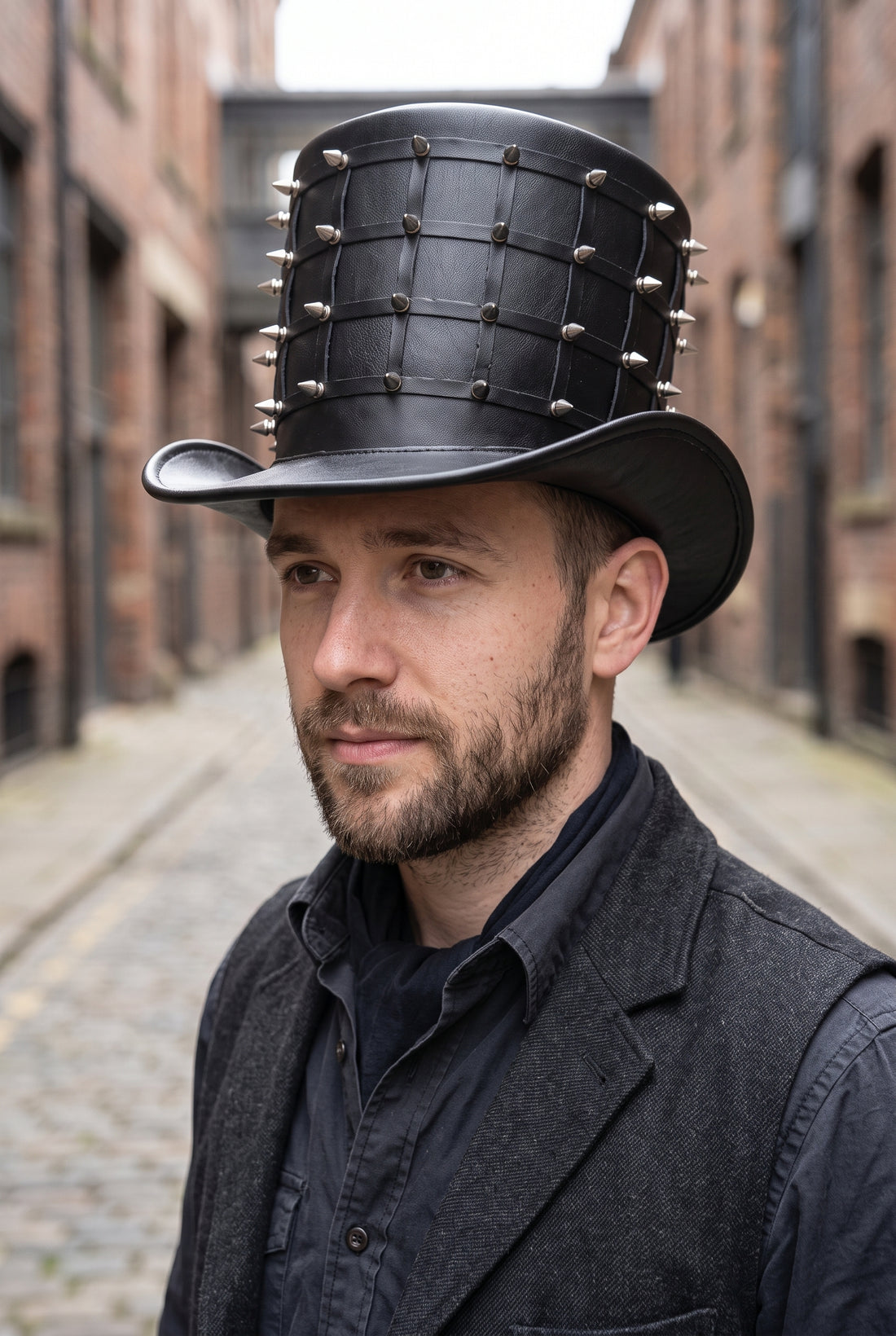 Black Leather Studded Top Hat – Gothic Steampunk Spike Cosplay Hat