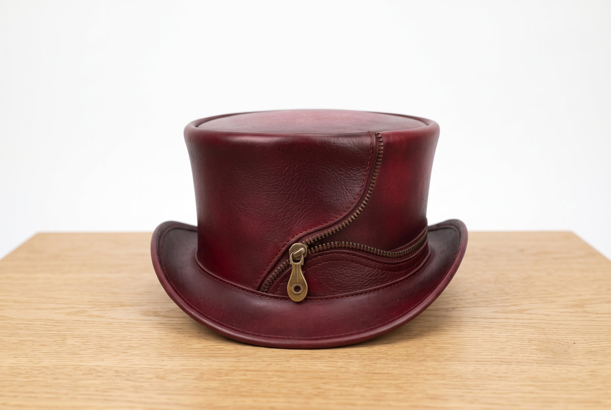Burgundy Leather Steampunk Top Hat with Zipper – Gothic Victorian Cosplay Hat