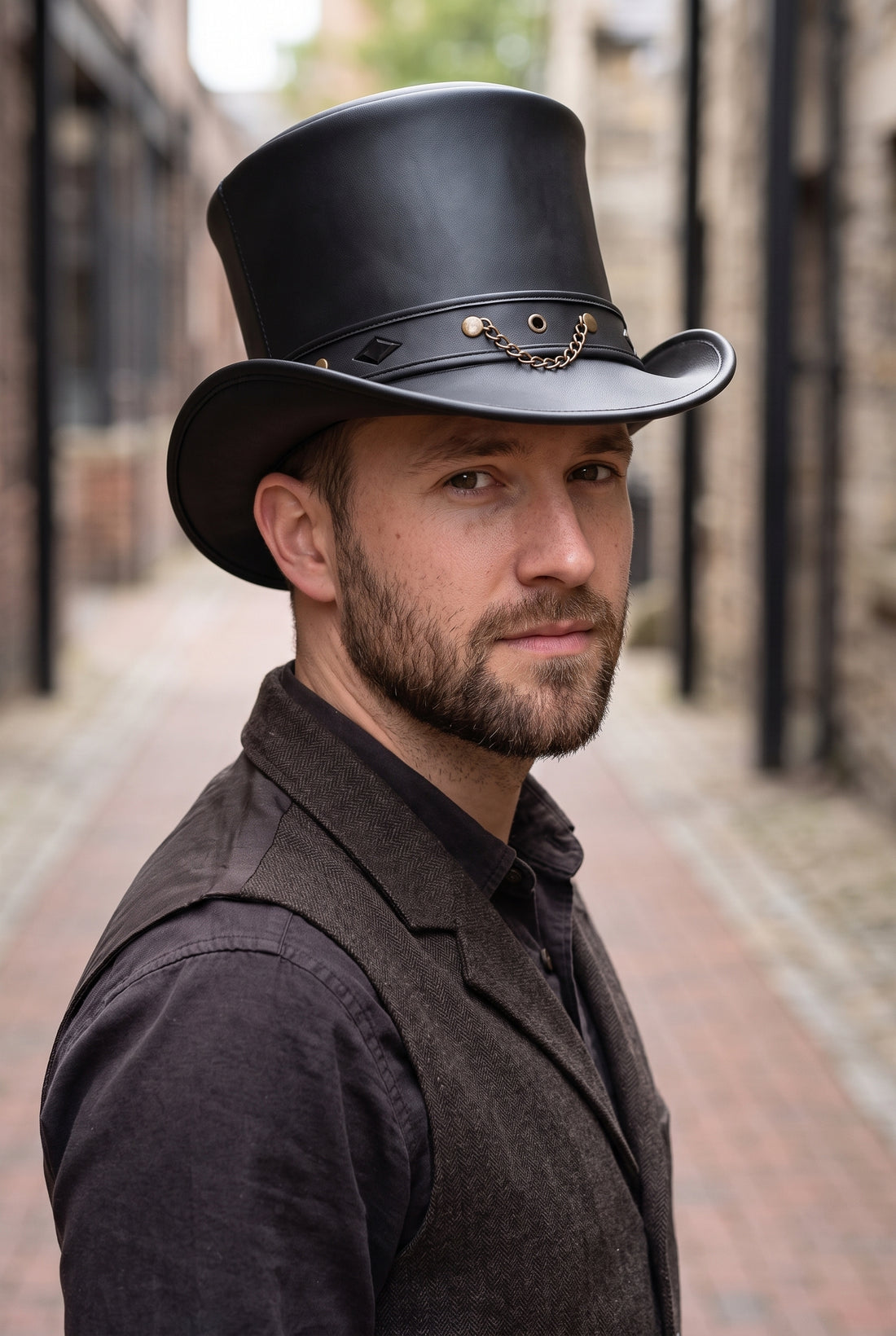 Handmade Steampunk Leather Top Hat with Chain Band – Gothic Victorian Hat