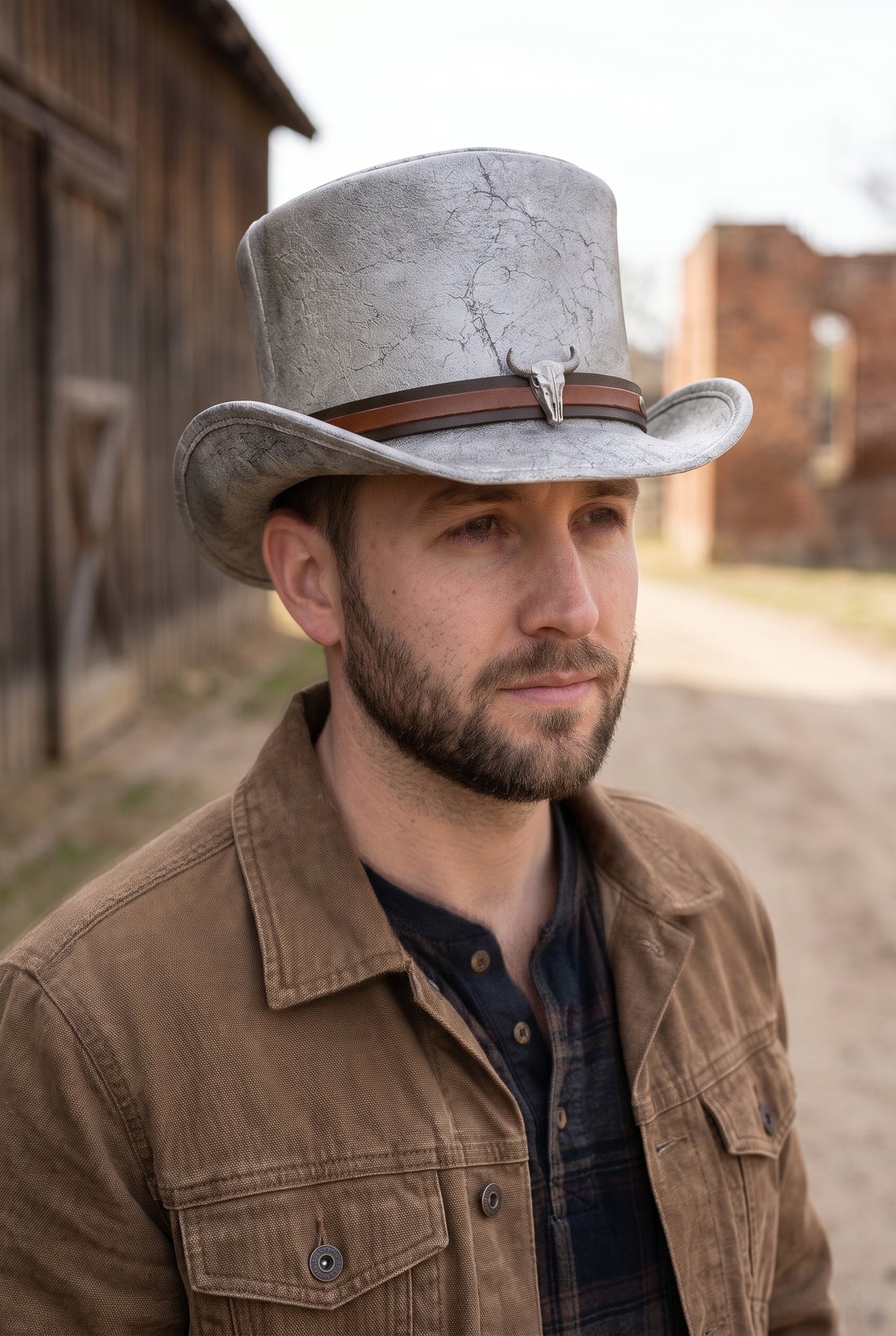 Men’s Steampunk Top Hat with Bull Skull Band – Cracked Leather Western Gothic Hat