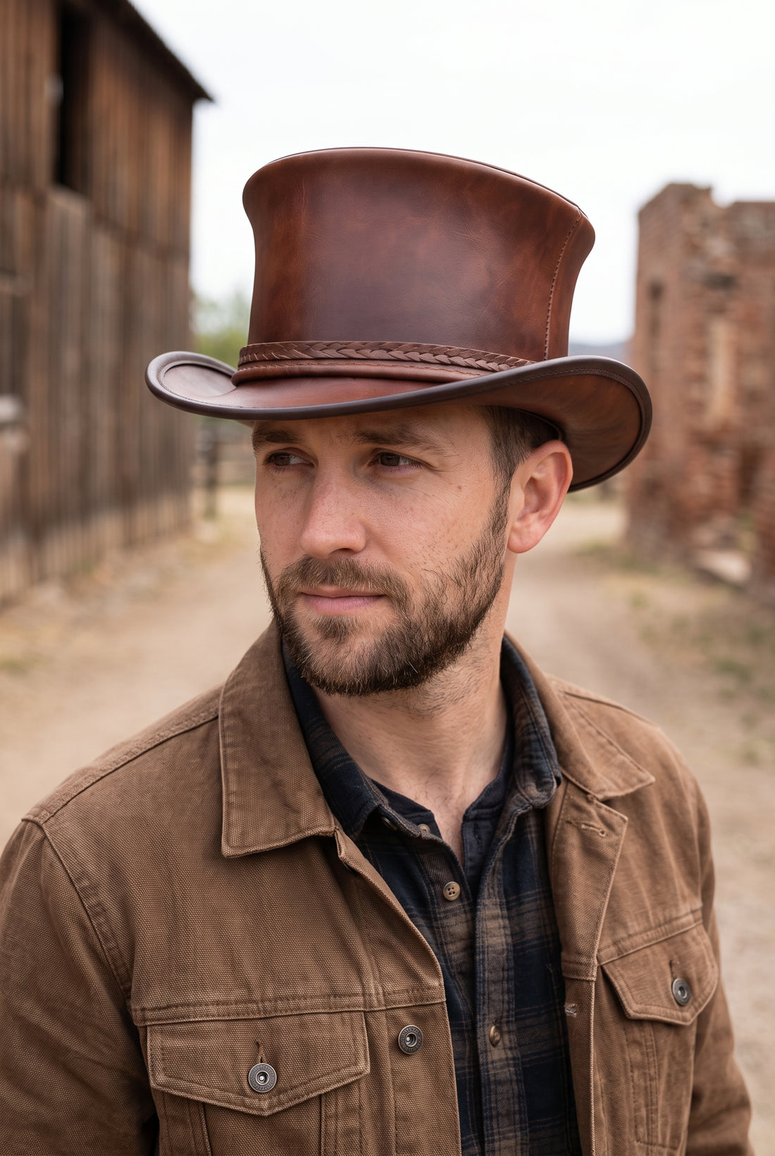 Brown Leather Steampunk Top Hat – Victorian Vintage Costume Hat