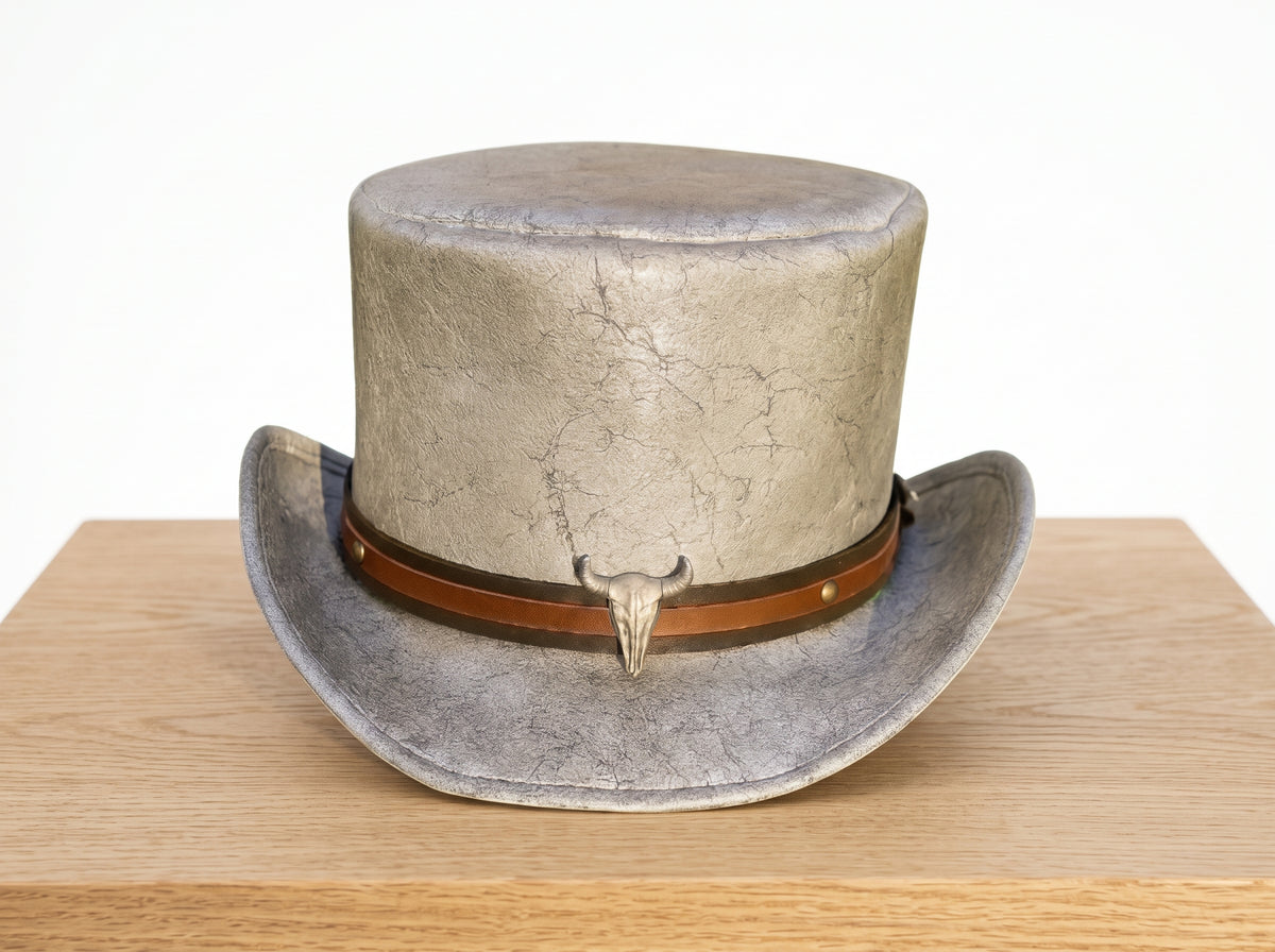 Men’s Steampunk Top Hat with Bull Skull Band – Cracked Leather Western Gothic Hat