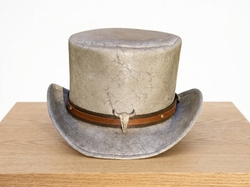 Men’s Steampunk Top Hat with Bull Skull Band – Cracked Leather Western Gothic Hat