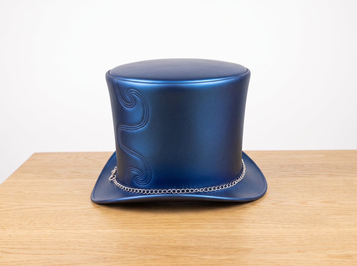 Blue Leather Steampunk Top Hat with Chain Band – Gothic Cosplay Hat