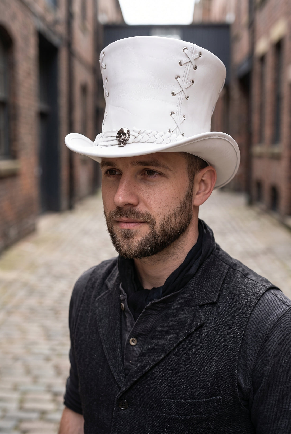 White Leather Steampunk Top Hat with Skull Band, Gothic Victorian Costume Hat