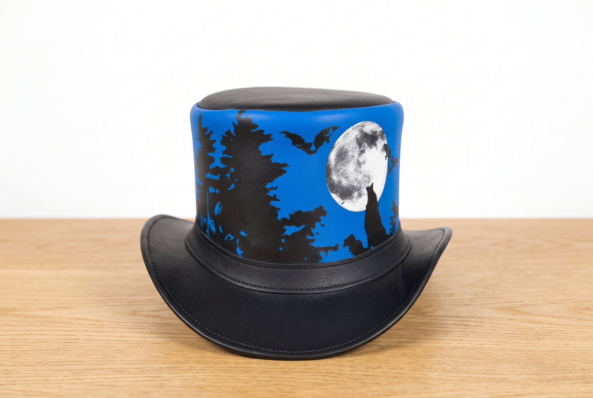 Gothic Steampunk Leather Top Hat – Moon, Forest & Bats Design