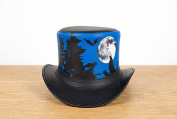 Gothic Steampunk Leather Top Hat – Moon, Forest & Bats Design
