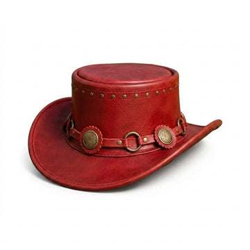 Handmade Red Leather Top Hat – Steampunk Western &amp; Cosplay Hat