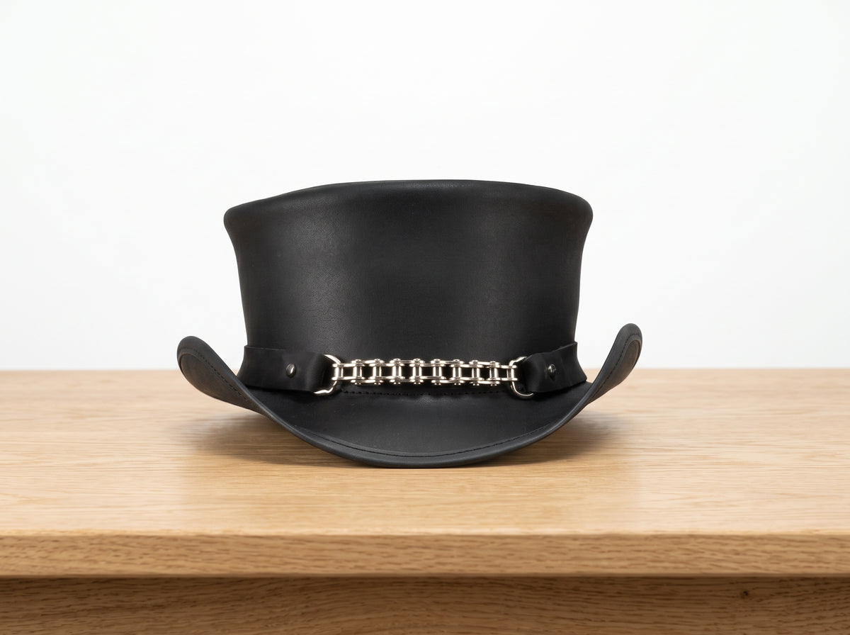 Handmade Black Leather Steampunk Top Hat with Chain – Gothic Biker Cosplay Hat