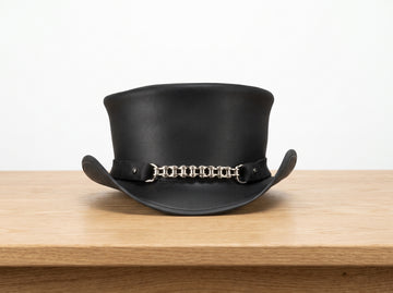 Handmade Black Leather Steampunk Top Hat with Chain – Gothic Biker Cosplay Hat