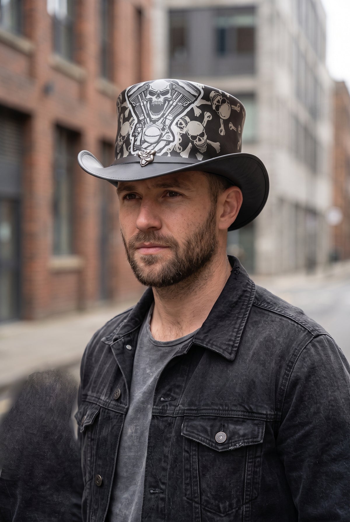 Men's Steampunk Leather Top Hat with Skull Band – Gothic Cosplay Hat