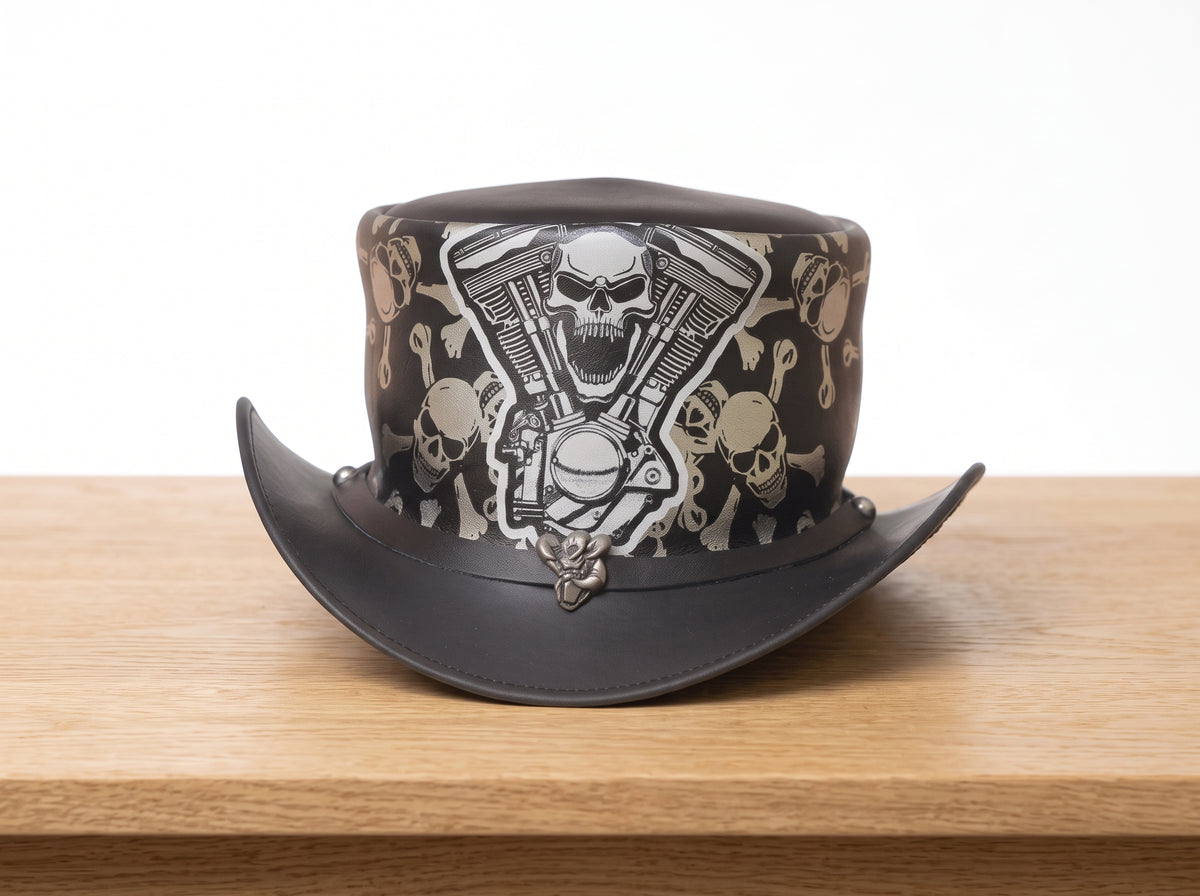 Men's Steampunk Leather Top Hat with Skull Band – Gothic Cosplay Hat