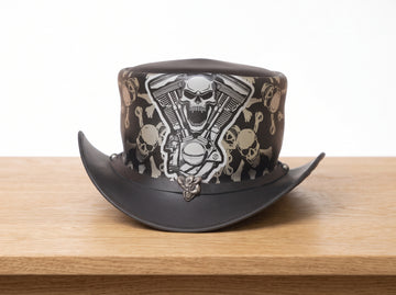 Men's Steampunk Leather Top Hat with Skull Band – Gothic Cosplay Hat
