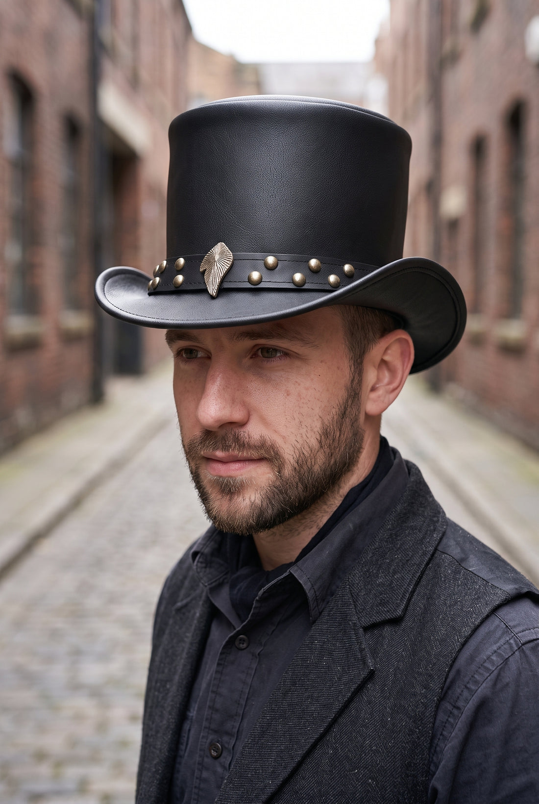 Handmade Steampunk Leather Top Hat with Studded Band – Gothic Victorian Hat