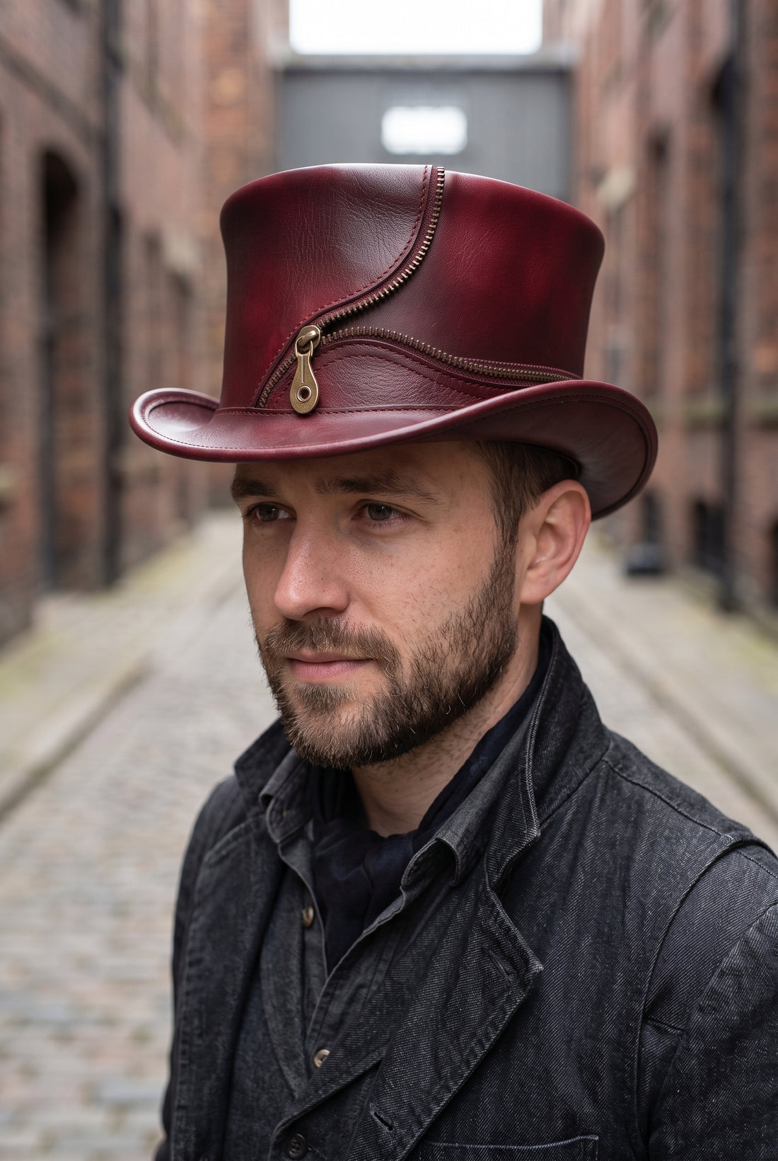 Burgundy Leather Steampunk Top Hat with Zipper – Gothic Victorian Cosplay Hat