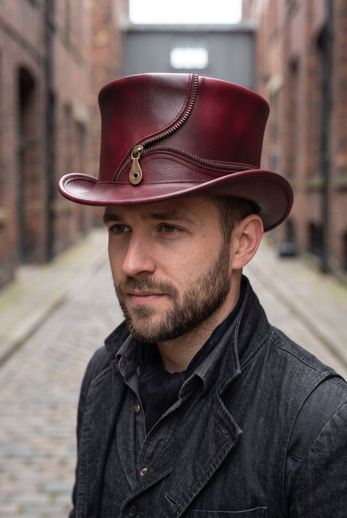 Burgundy Leather Steampunk Top Hat with Zipper – Gothic Victorian Cosplay Hat