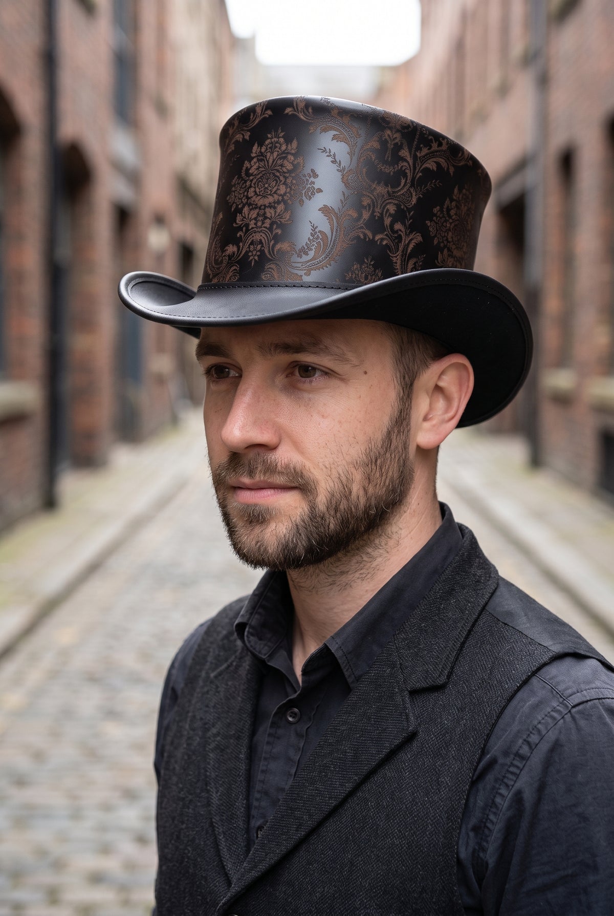 Black and Gold Steampunk Leather Top Hat – Victorian Floral Gothic Cosplay Hat