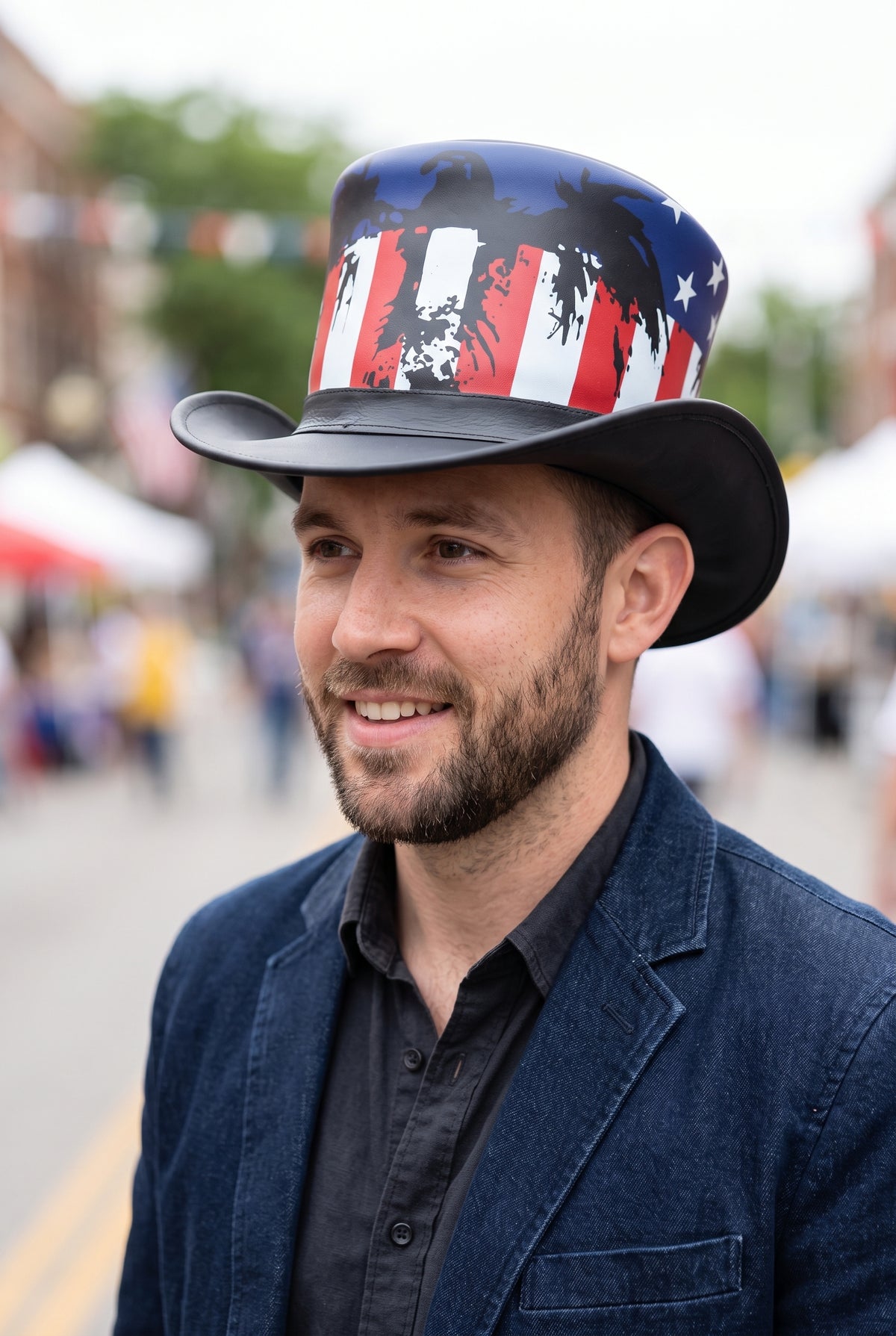 Steampunk Leather Top Hat with American Flag Band – Gothic Cosplay Hat