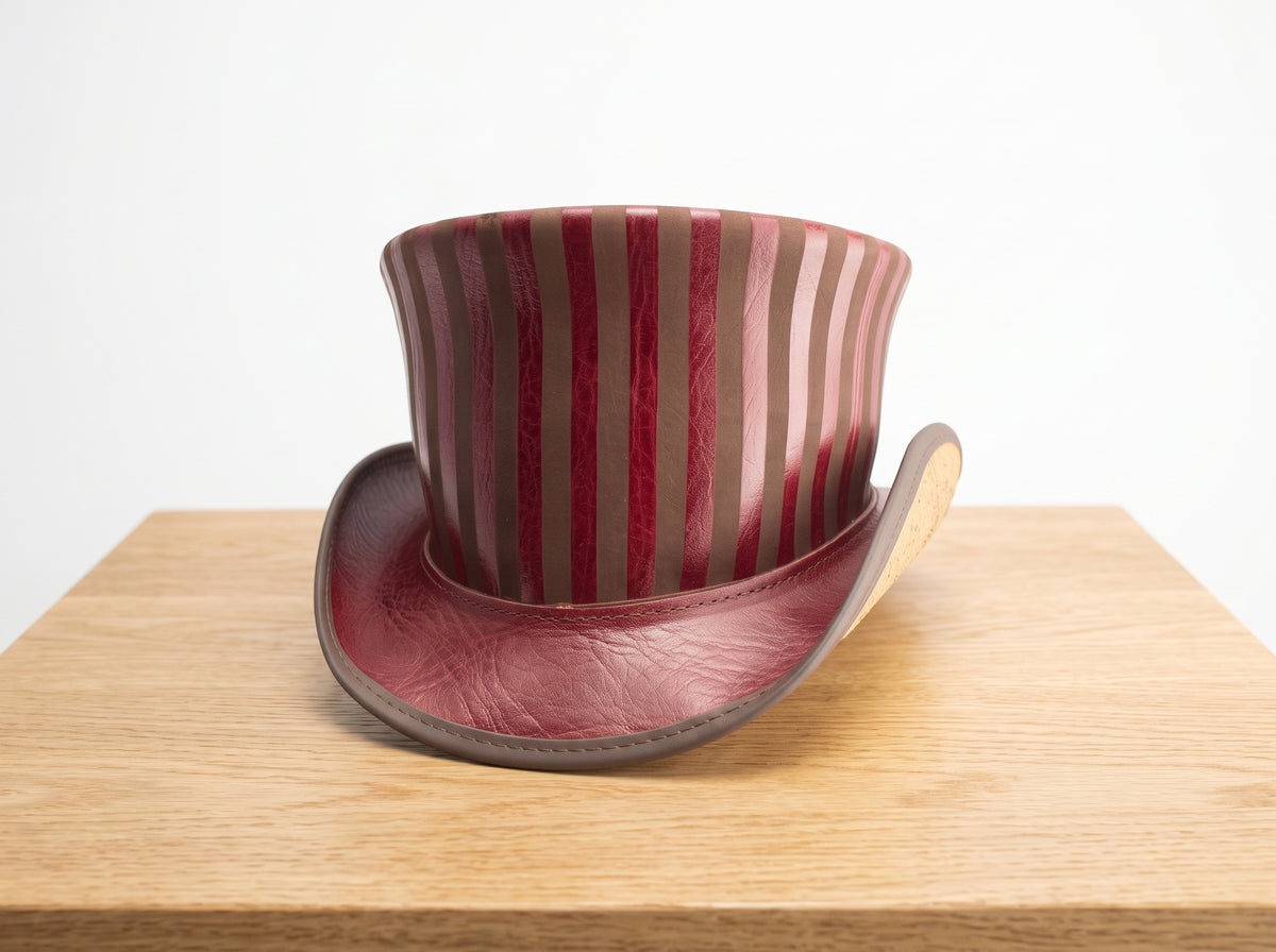Handmade Striped Leather Steampunk Top Hat – Gothic Victorian Mad Hatter Hat