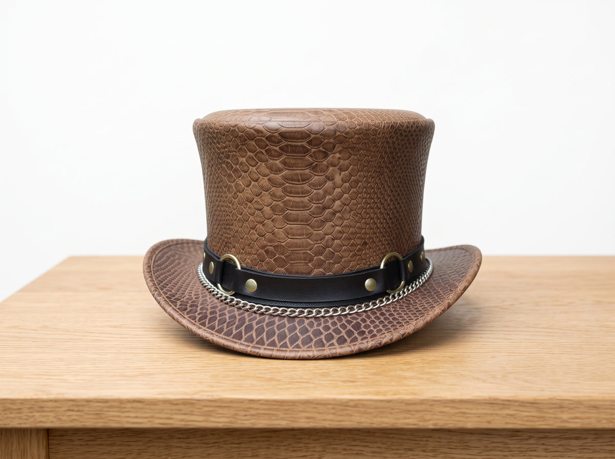 Brown Leather Steampunk Top Hat, Handmade Victorian Hat, Gothic Cosplay Headwear, Vintage Festival Costume Hat