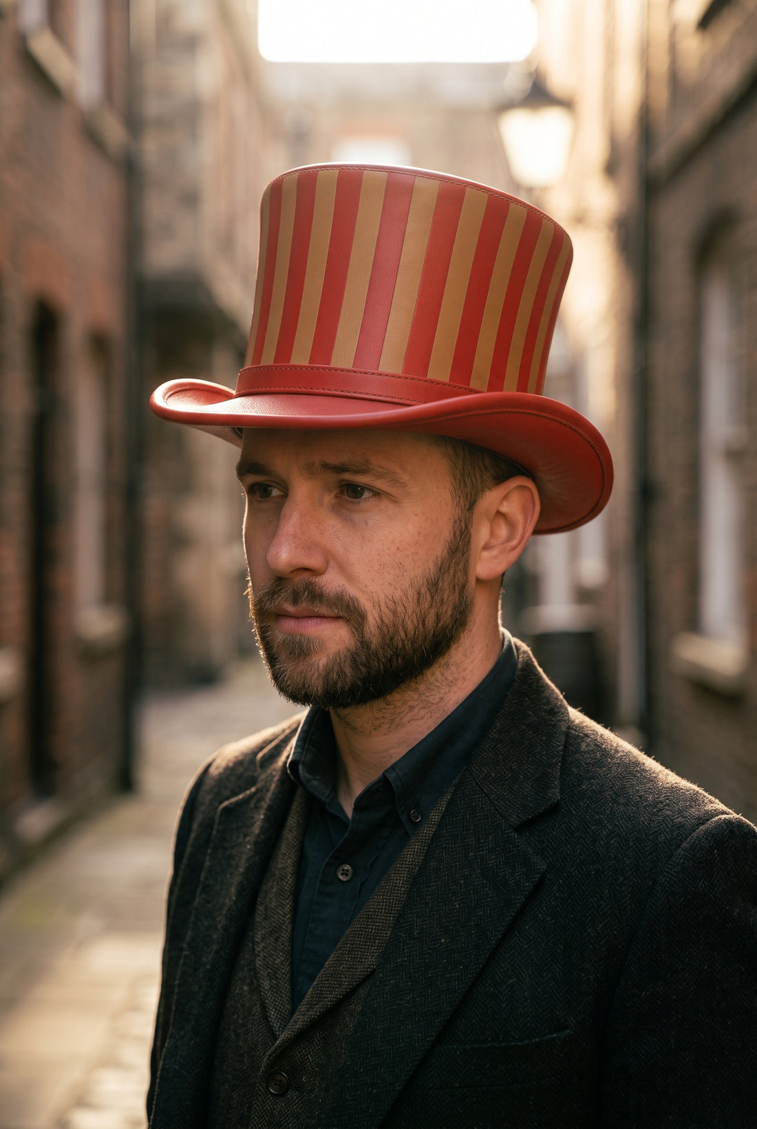 Red Striped Leather Top Hat – Handmade Steampunk Victorian Unisex Hat
