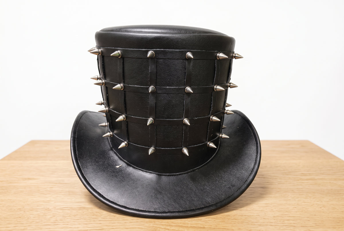 Black Leather Studded Top Hat – Gothic Steampunk Spike Cosplay Hat