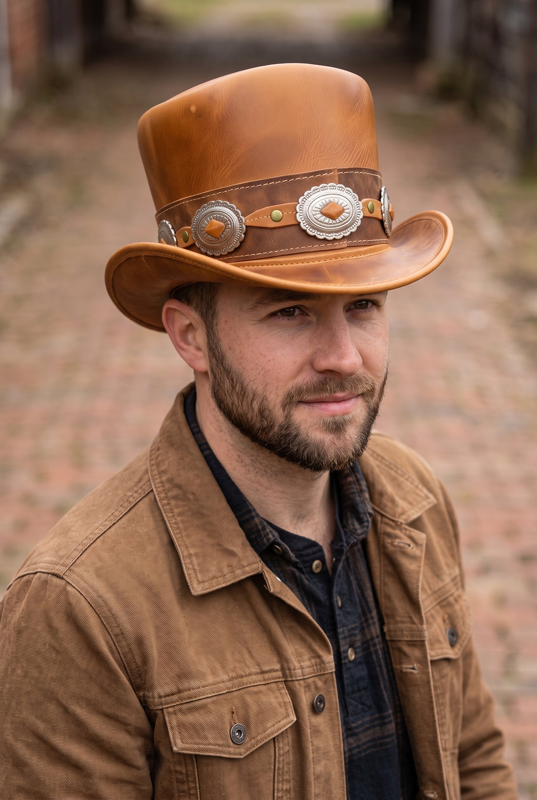 Brown Leather Top Hat with Concho Band – Western Steampunk Victorian Hat