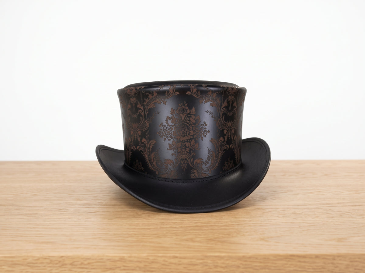 Black and Gold Steampunk Leather Top Hat – Victorian Floral Gothic Cosplay Hat